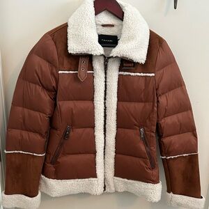 Tahari Brown Faux Suede Sherpa Trim Puffer Jacket Buckle Detail Winter Coat